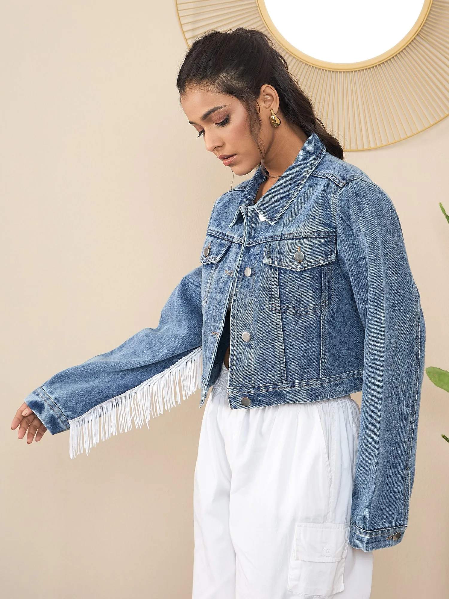 Blue Denim Sleeve Fringes Crop Jacket
