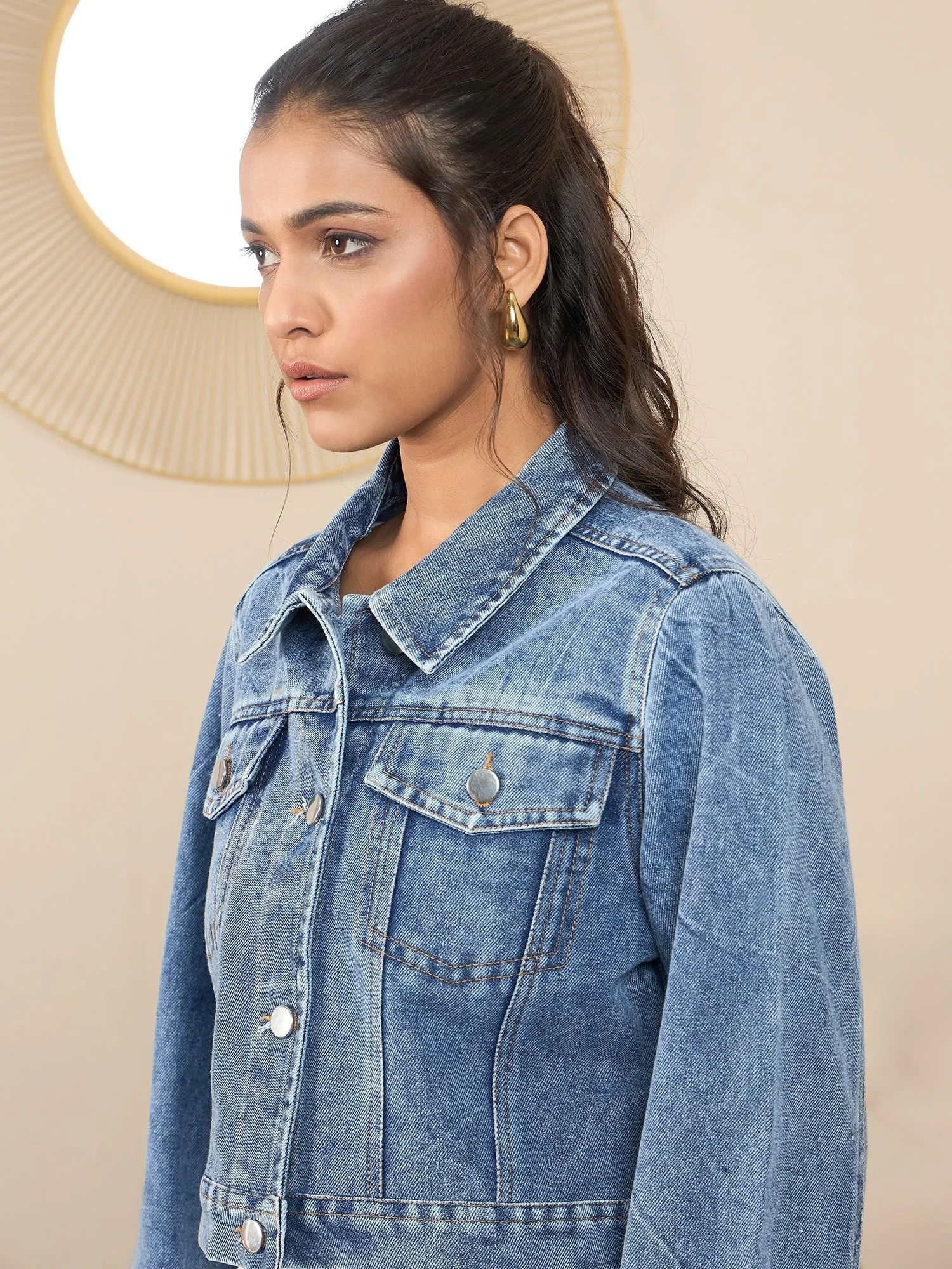 Blue Denim Sleeve Fringes Crop Jacket