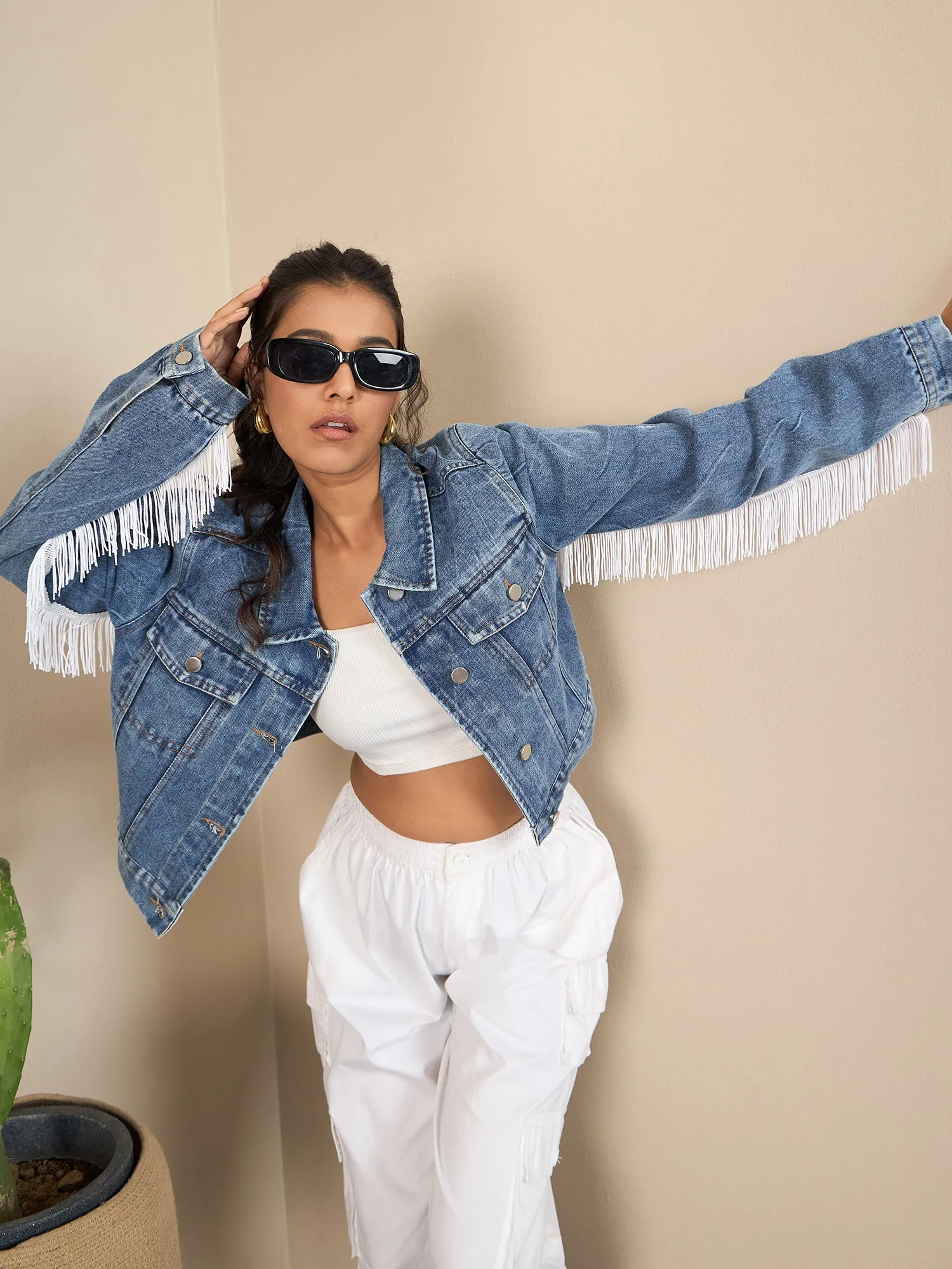Blue Denim Sleeve Fringes Crop Jacket