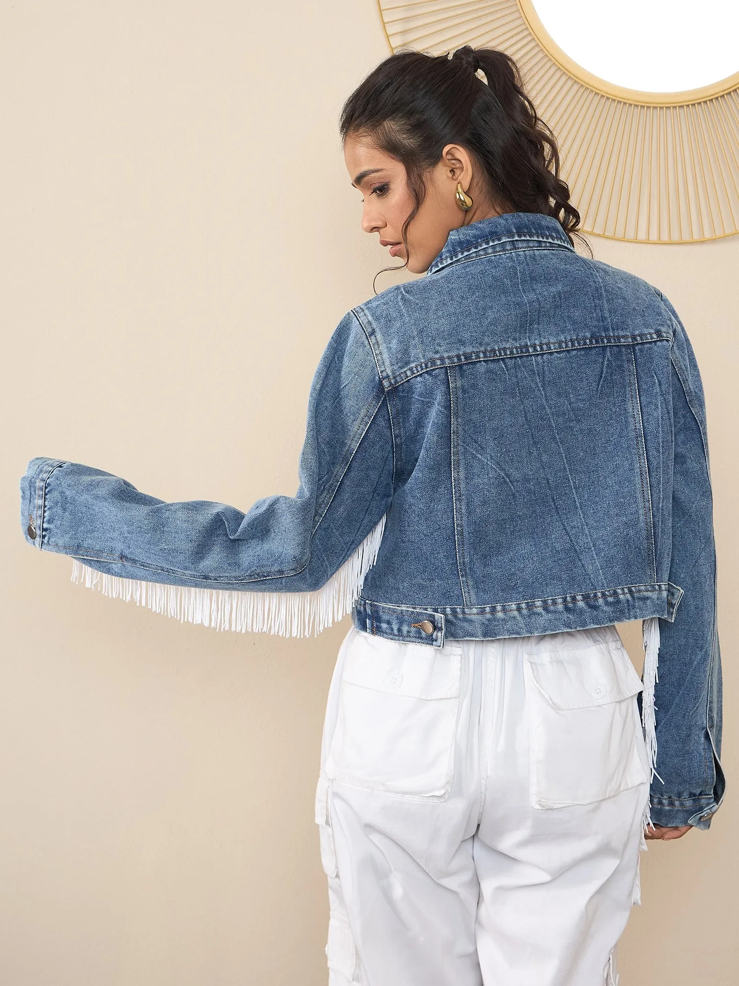 Blue Denim Sleeve Fringes Crop Jacket