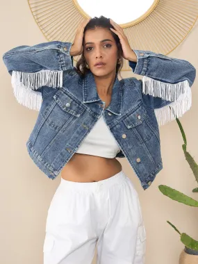 Blue Denim Sleeve Fringes Crop Jacket