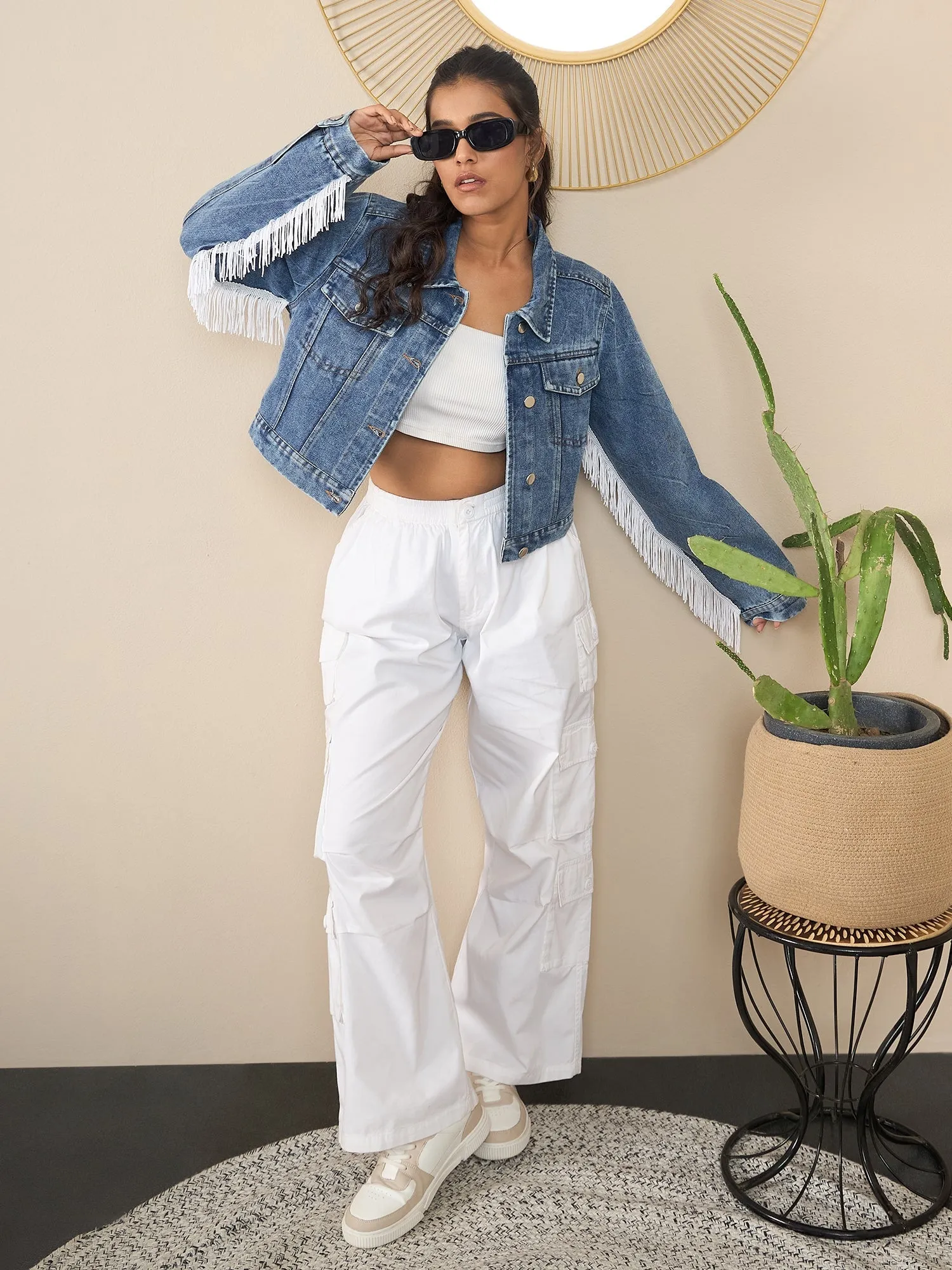 Blue Denim Sleeve Fringes Crop Jacket