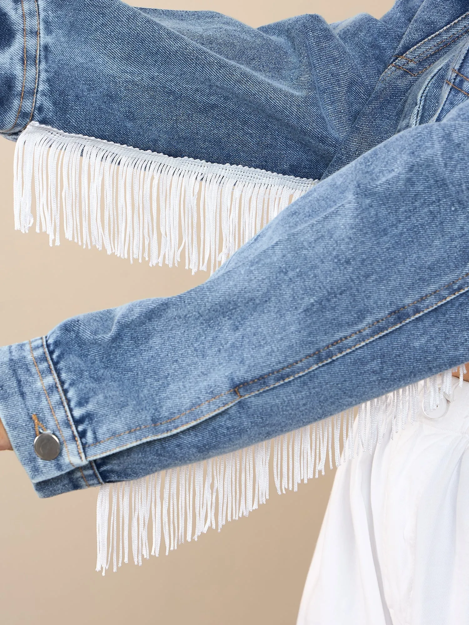 Blue Denim Sleeve Fringes Crop Jacket