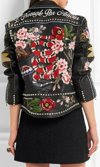 Embellished Genuine Leather Biker Jacket