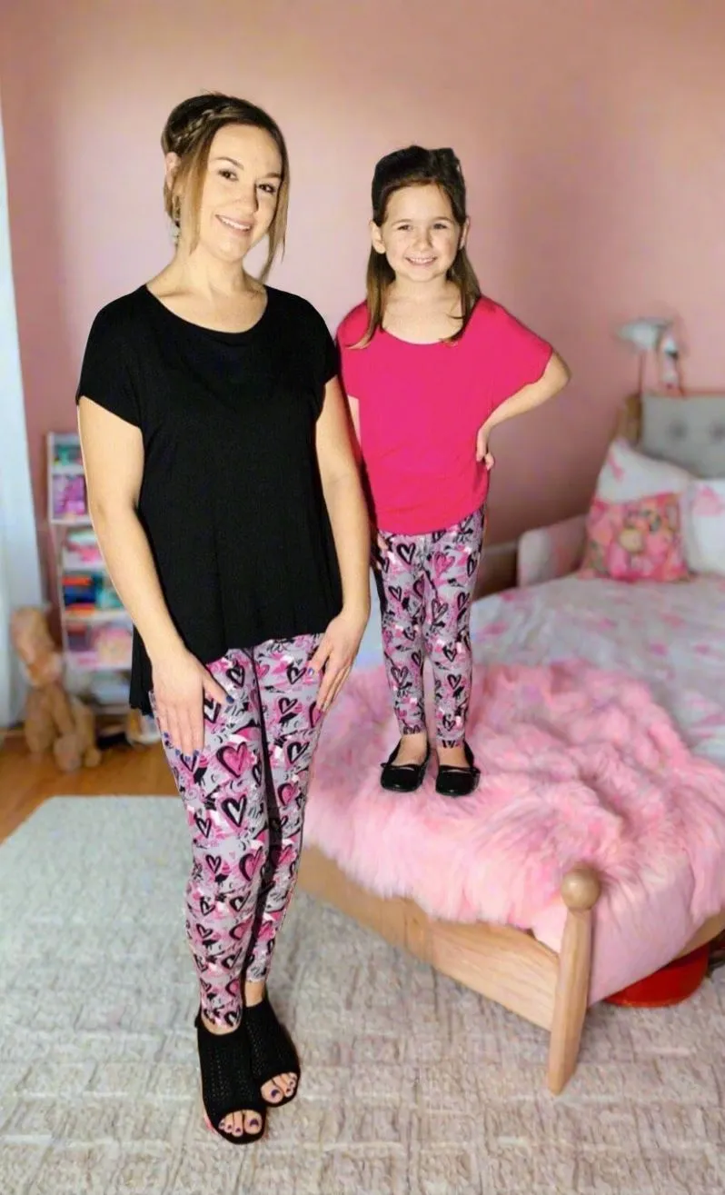 Girls Valentines Day Heart Leggings, Kids Yoga Pants, Sizes S/L, No-Roll Waist, Pink/Gray