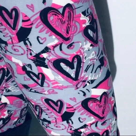 Girls Valentines Day Heart Leggings, Kids Yoga Pants, Sizes S/L, No-Roll Waist, Pink/Gray