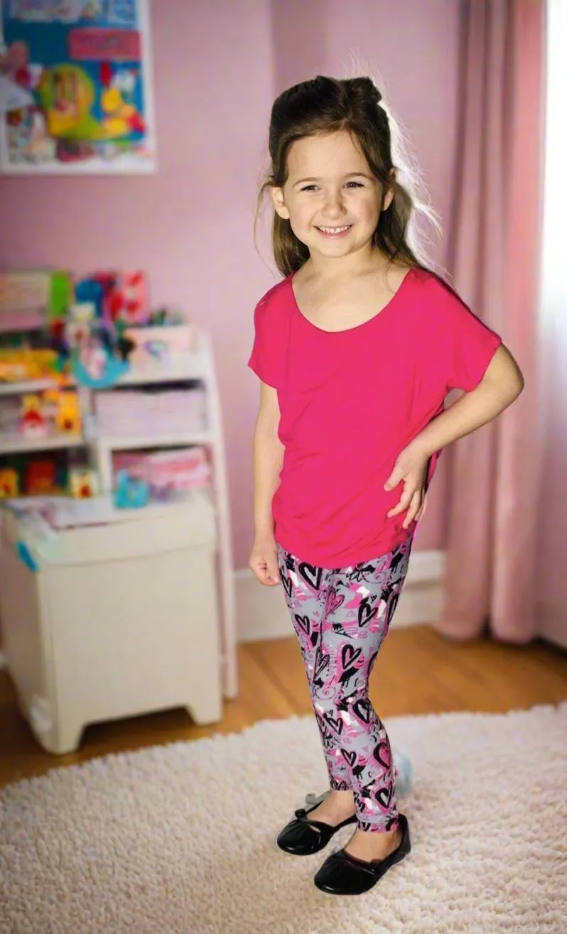 Girls Valentines Day Heart Leggings, Kids Yoga Pants, Sizes S/L, No-Roll Waist, Pink/Gray