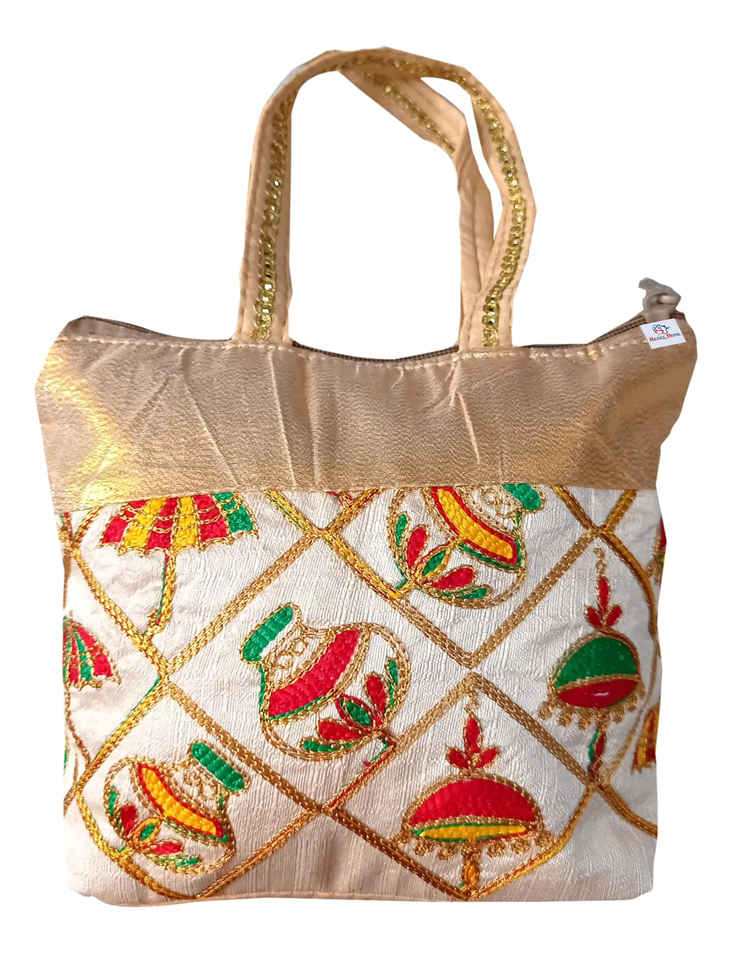 Heart Home Embroidery Small Hand Bag, Tote Bag For Women & Girls (Gold)-HS_38_HEARTH21478