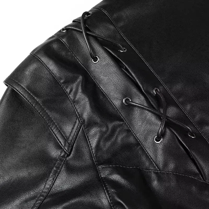 Lace up buckle chic faux leather jacket with belt Versatile Long Sleeves V-neck Lace-up Coat