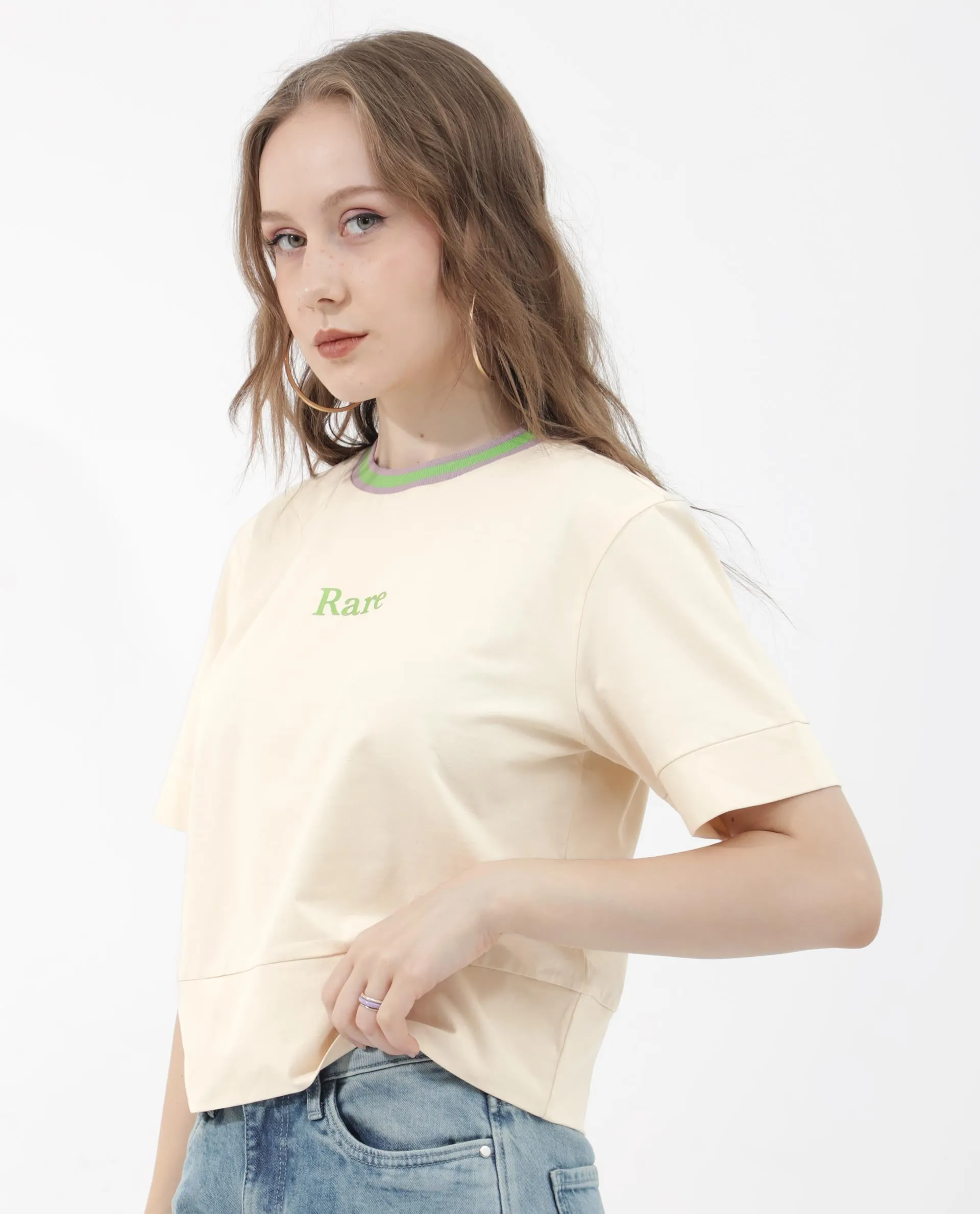 Rareism Women Eliza Light Beige Cotton Elastane Fabric Crew Neck Knit Solid T-Shirt