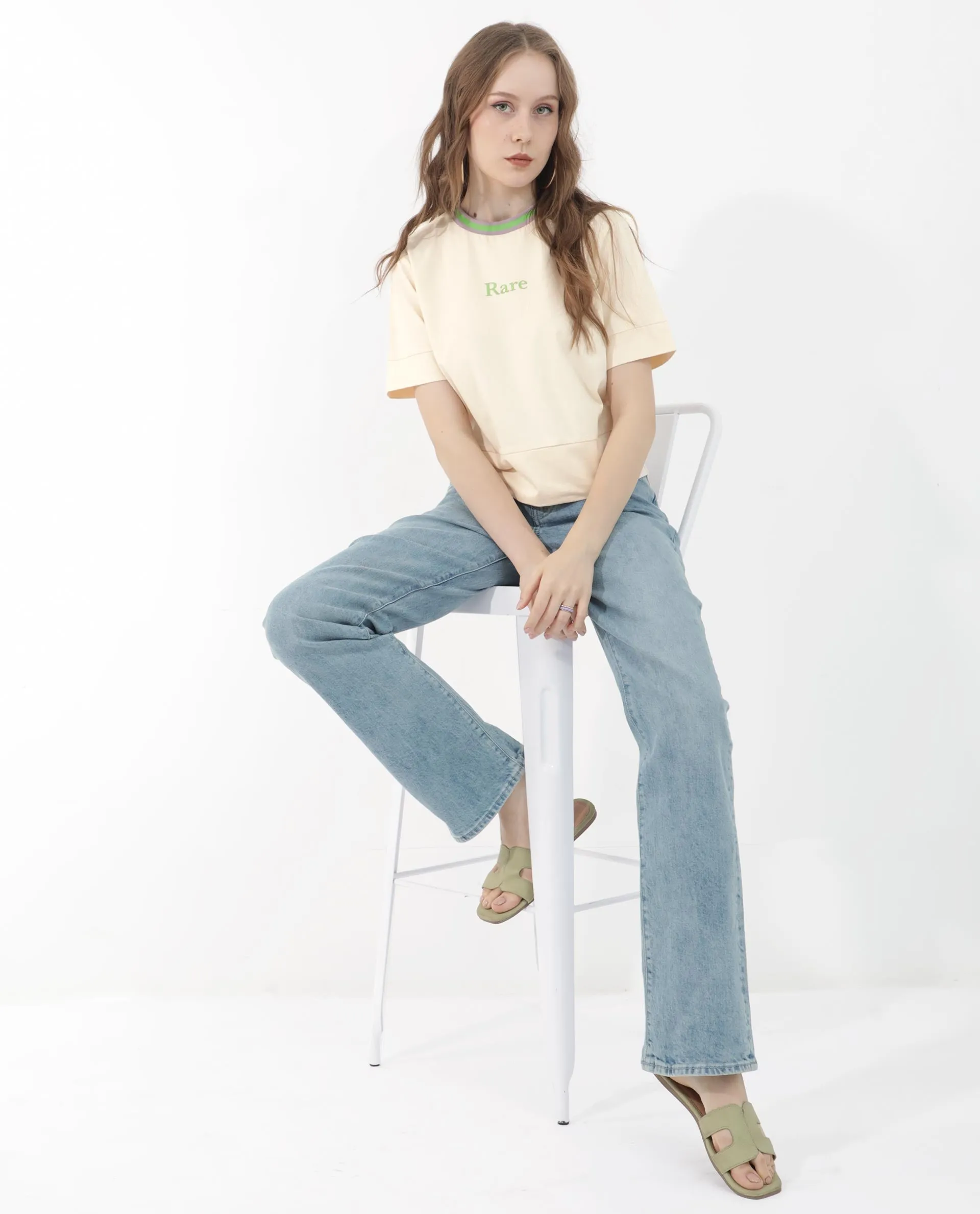 Rareism Women Eliza Light Beige Cotton Elastane Fabric Crew Neck Knit Solid T-Shirt