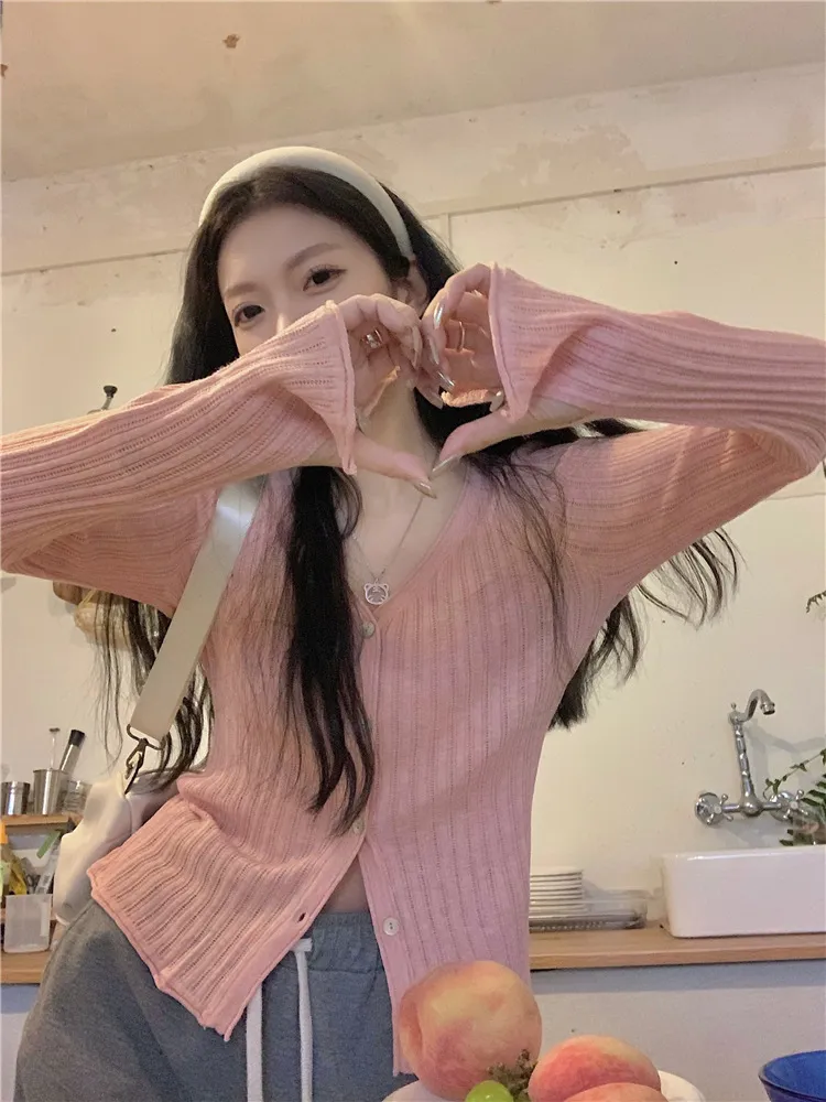 Solid Knit Button Ruffled Long-Sleeve Top