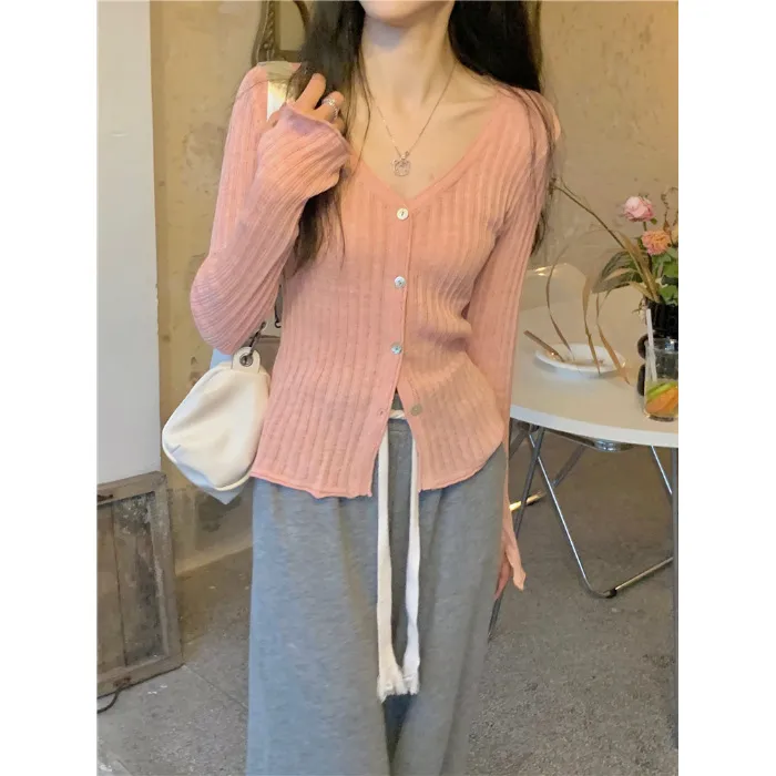 Solid Knit Button Ruffled Long-Sleeve Top