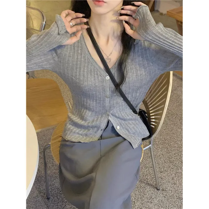 Solid Knit Button Ruffled Long-Sleeve Top