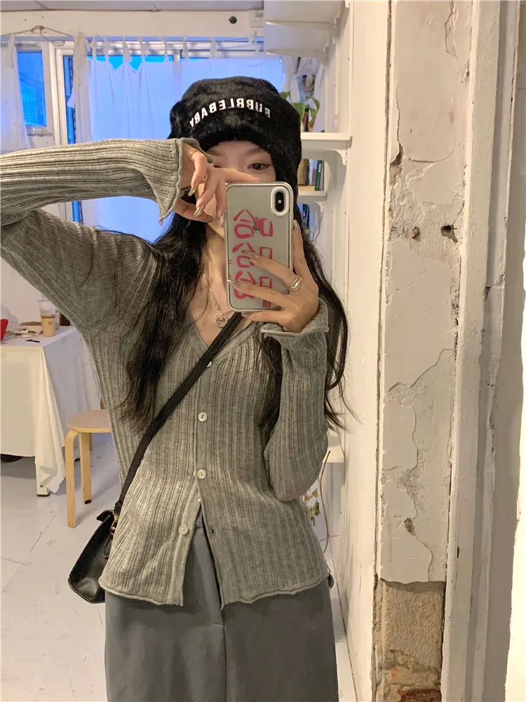 Solid Knit Button Ruffled Long-Sleeve Top